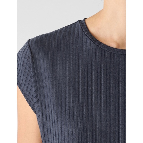 Eileen Fisher Textured Stretch Rib Round Neck Dress Boxy Black Knee Length - Picture 3 of 10